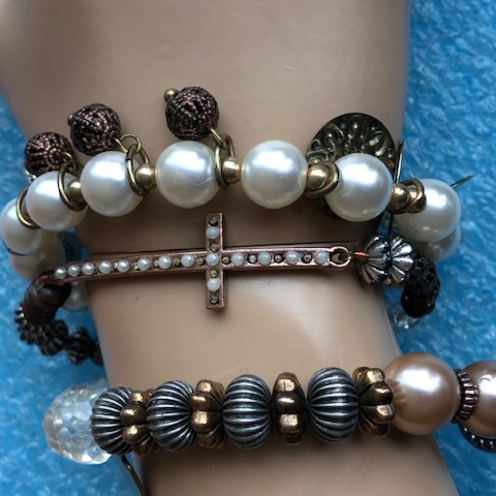 3 faux pearl crystal stretch bracelet Treska cross lot mix or match